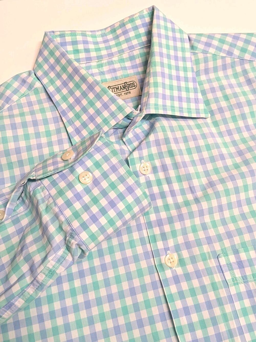 Gitman Bros Shirt Mens Large Button Down Blue Green Check Long Sleeve Cotton USA